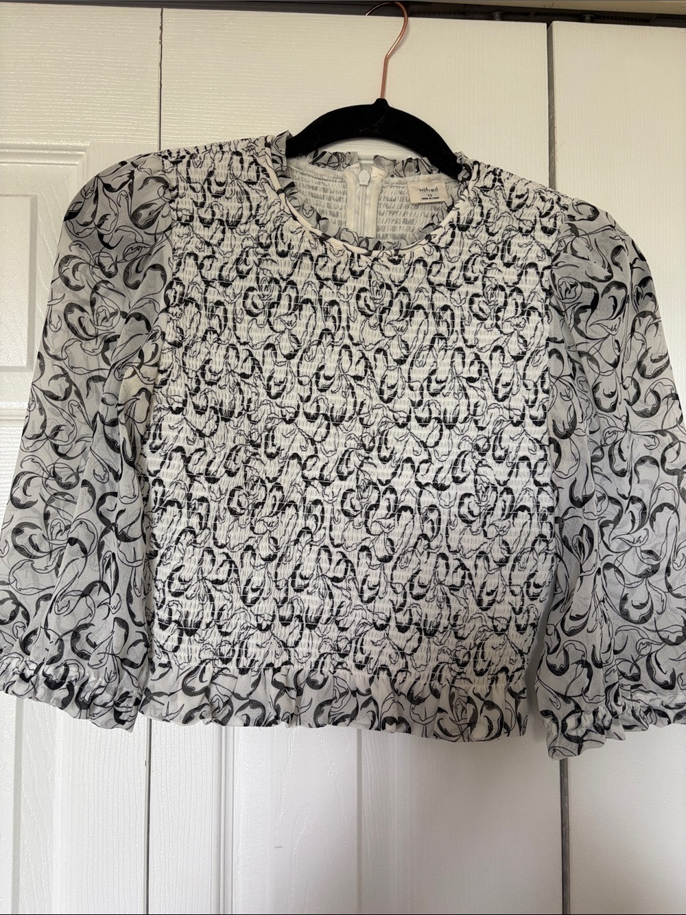 Wilfred Black and White Smocked Puff-Sleeve Tempest Blouse